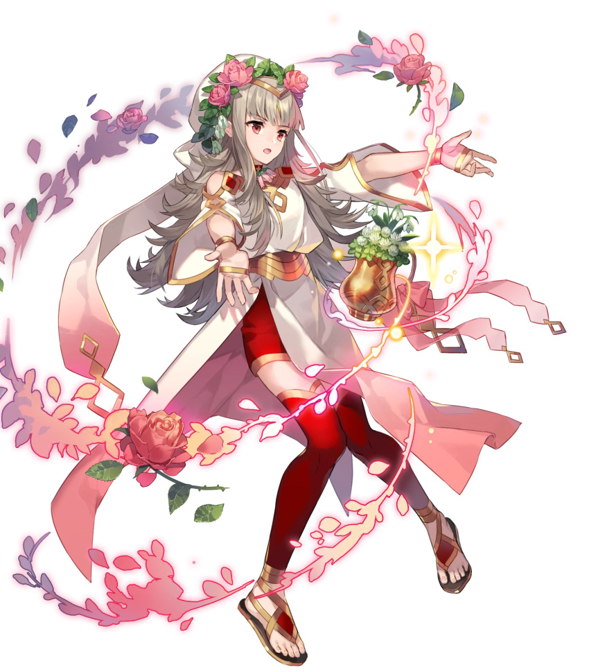 1girl artist_request bangs dress fire_emblem fire_emblem_heroes floating floating_object flower flower_pot full_body gold_trim gradient gradient_clothes grey_hair hair_ornament highres jewelry long_hair looking_away official_art open_mouth pelvic_curtain petals red_legwear redhead sandals solo sparkle thigh-highs thorns tiara toes transparent_background veronica_(fire_emblem) wide_sleeves
