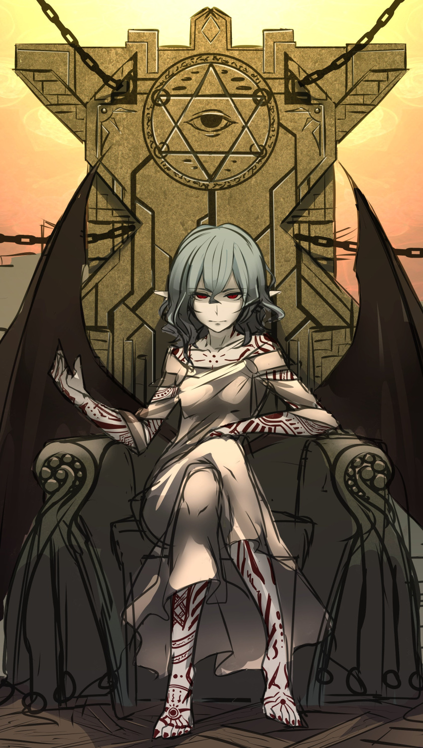 1girl absurdres all_seeing_eye alternate_costume bare_shoulders barefoot bat_wings blue_hair book_stack chain closed_mouth commentary_request crossed_legs dress hexagram highres looking_at_viewer nail_polish no_hat no_headwear off-shoulder_dress off_shoulder pointy_ears red_eyes red_nails remilia_scarlet shaded_face short_hair shukusuri sitting solo tattoo throne touhou wings