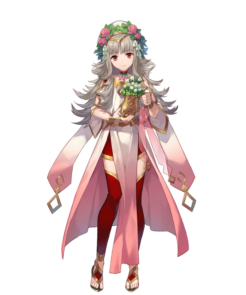 1girl artist_request bangs choker closed_mouth dress expressionless fire_emblem fire_emblem_heroes flower flower_pot full_body gold_trim gradient gradient_clothes grey_hair hair_ornament head_tilt highres holding jewelry long_hair looking_at_viewer official_art pelvic_curtain red_legwear redhead sandals shiny shiny_hair solo thigh-highs tiara toes transparent_background veronica_(fire_emblem) wide_sleeves