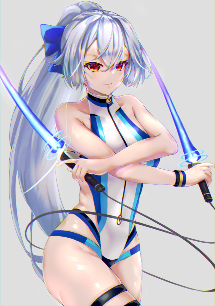 1girl bangs blue_bow blue_swimsuit bow breasts dual_wielding energy_sword fate/grand_order fate_(series) hair_between_eyes hair_bow highleg highleg_swimsuit highres holding large_breasts long_hair looking_at_viewer one-piece_swimsuit ponytail red_eyes silver_hair smile swimsuit sword thigh_strap thighs tomoe_gozen_(fate) tomoe_gozen_(swimsuit_saber)_(fate) two-tone_swimsuit weapon white_swimsuit wristband yahan_(mctr5253)