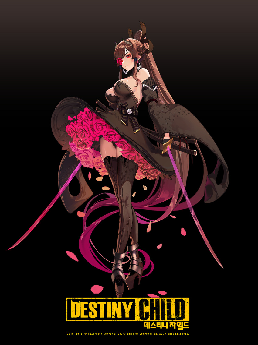 1girl absurdly_long_hair bare_shoulders black_dress bow breasts copyright_name destiny_child detached_sleeves dress earrings eve_(destiny_child) flower flower_eyepatch hair_bow hair_ornament highres holding holding_weapon jewelry korean_text large_breasts lightning logo long_hair official_art palette_swap ponytail red_flower red_rose rose sheath solo thigh-highs very_long_hair weapon zig90