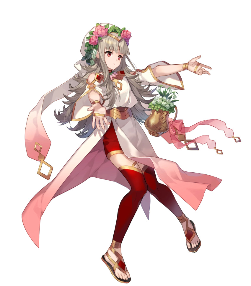 1girl artist_request bangs closed_mouth dress fire_emblem fire_emblem_heroes floating floating_object flower flower_pot full_body gold_trim gradient gradient_clothes grey_hair hair_ornament highres jewelry long_hair looking_away official_art pelvic_curtain petals red_legwear redhead sandals solo thigh-highs thorns tiara toes transparent_background veronica_(fire_emblem) wide_sleeves