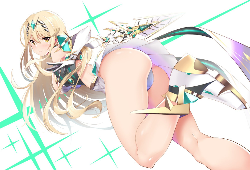 1girl ass bangs bare_shoulders blonde_hair blush breasts daive dress earrings elbow_gloves gloves highres jewelry large_breasts long_hair looking_at_viewer mythra_(xenoblade) short_dress solo swept_bangs thighs tiara very_long_hair white_dress white_gloves xenoblade_chronicles_(series) xenoblade_chronicles_2 yellow_eyes