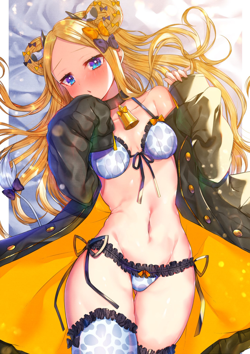 1girl abigail_williams_(fate) akirannu animal_ears animal_print bangs bare_shoulders bell bell_collar black_coat blonde_hair blue_eyes blush bow bra breasts coat collar cow_ears cow_horns cow_print cowbell double_bun fate/grand_order fate_(series) forehead hair_bow highres horns long_hair long_sleeves looking_at_viewer multiple_bows navel open_clothes open_coat open_mouth panties parted_bangs sidelocks small_breasts thigh-highs thighs underwear white_bra white_panties