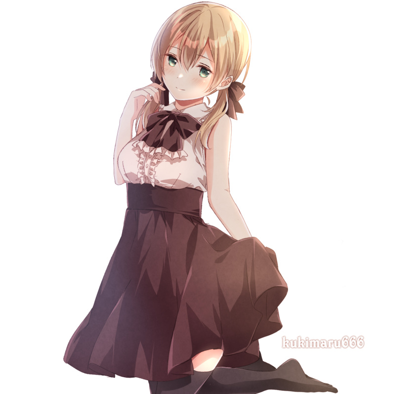 1girl alternate_costume black_legwear black_skirt blonde_hair blush buttons closed_mouth eyebrows_visible_through_hair green_eyes hair_between_eyes highres kantai_collection kukimaru lifted_by_self long_hair low_twintails prinz_eugen_(kantai_collection) simple_background skirt skirt_lift sleeveless smile solo thigh-highs twintails twitter_username white_background