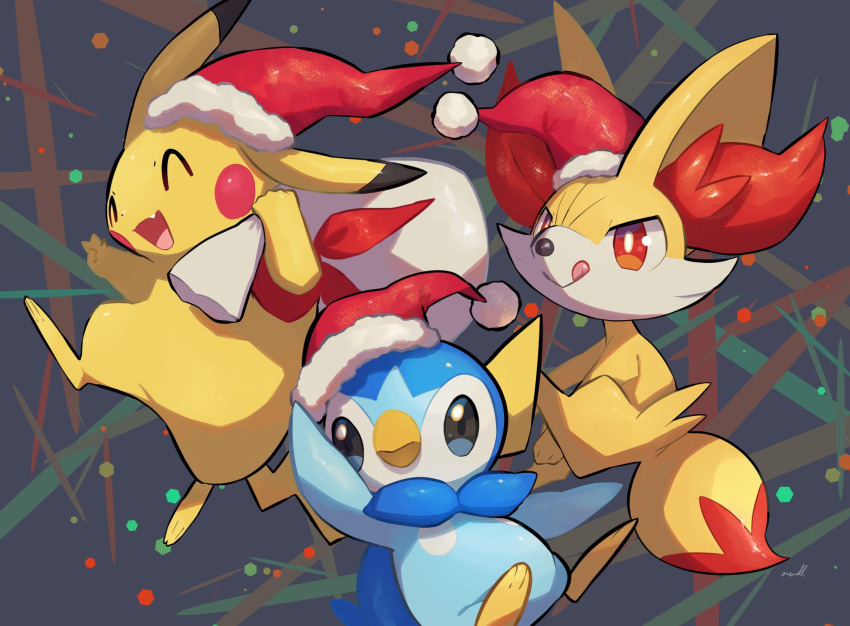 :q closed_eyes closed_mouth commentary_request fang fennekin fur-trimmed_headwear gen_1_pokemon gen_4_pokemon gen_6_pokemon hat hatted_pokemon highres holding holding_sack no_humans nullma open_mouth pikachu piplup pokemon pokemon_(creature) red_headwear sack santa_hat smile tongue tongue_out