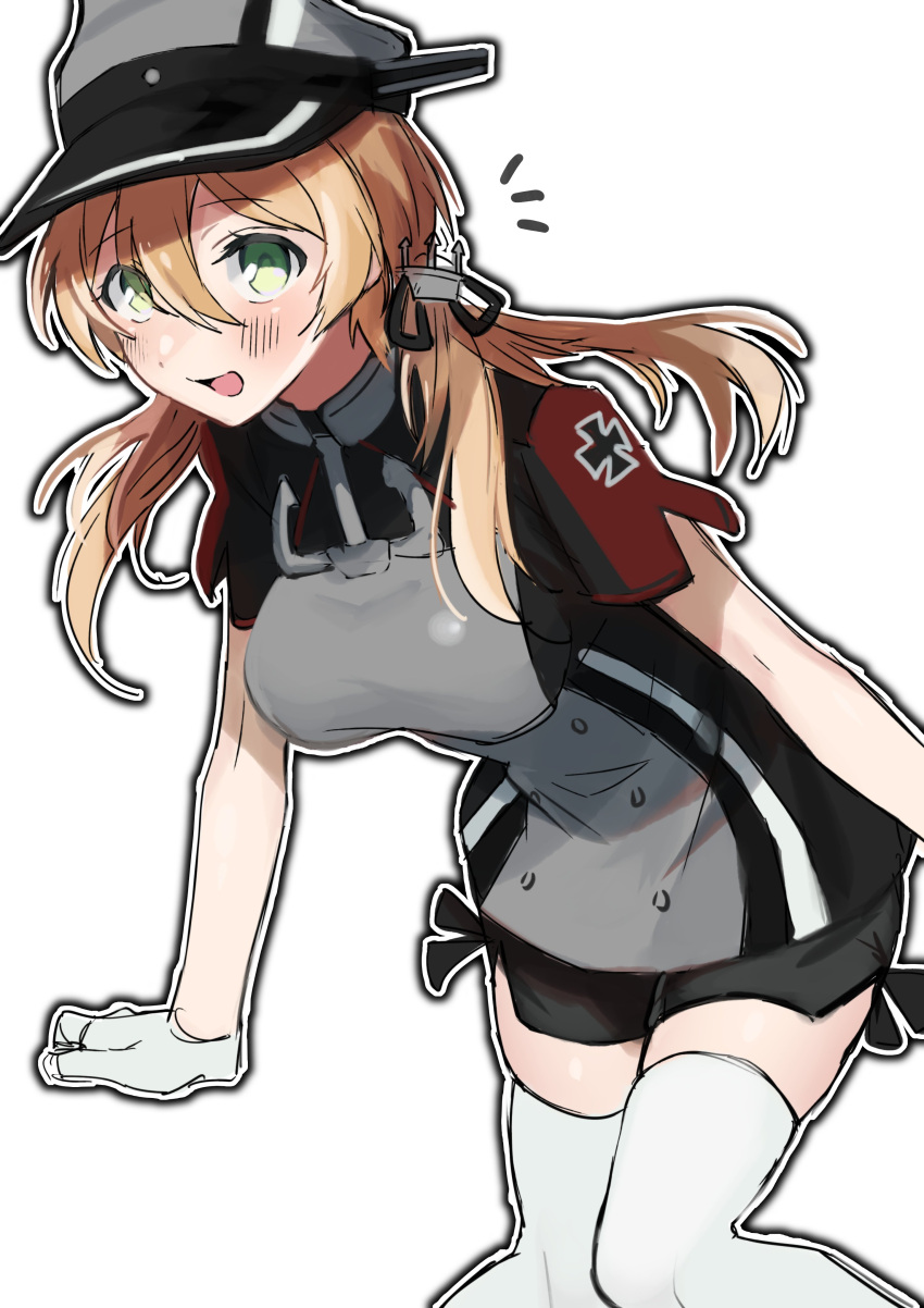1girl absurdres black_skirt blonde_hair blush breasts eyebrows_visible_through_hair gloves green_eyes hair_between_eyes hat highres kantai_collection large_breasts long_hair low_twintails military military_hat military_uniform open_mouth peaked_cap pleated_skirt prinz_eugen_(kantai_collection) short_sleeves simple_background skirt smile solo thigh-highs toriniku_senshi_chikinman twintails uniform white_background white_gloves white_legwear