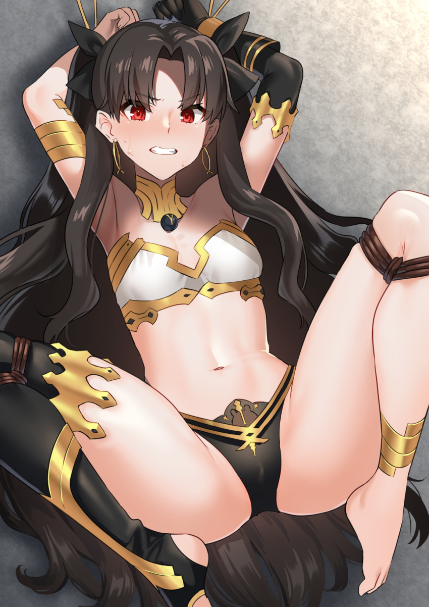 1girl akagi_kurage anklet armlet armpits arms_up ass bangs bare_shoulders barefoot black_gloves black_hair black_legwear black_panties bra breasts clenched_teeth collar earrings elbow_gloves fate/grand_order fate_(series) gloves gold_trim hair_ribbon highres hoop_earrings ishtar_(fate) ishtar_(fate)_(all) jewelry long_hair looking_at_viewer midriff navel panties parted_bangs red_eyes restrained ribbon single_elbow_glove single_thighhigh small_breasts solo spread_legs stomach sweat teeth thigh-highs thighs toeless_legwear two_side_up underwear underwear_only very_long_hair white_bra