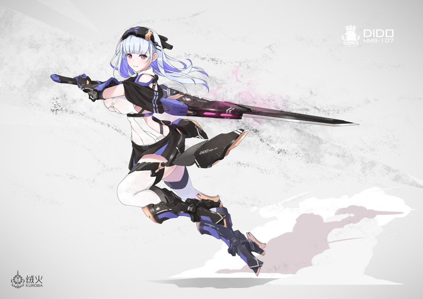 1girl armor armored_boots artist_logo artist_name azur_lane bangs bare_shoulders black_capelet black_gloves blunt_bangs blush boots breasts capelet character_name chinese_commentary closed_mouth clothing_cutout commentary_request dido_(azur_lane) eyebrows_visible_through_hair eyewear_on_head floating full_body gauntlets gloves hairband high_heel_boots high_heels highres holding holding_sword holding_weapon knee_boots kuroba_chihiro large_breasts long_hair looking_at_viewer mecha_musume royal_navy_(emblem) science_fiction sidelocks silver_hair sleeveless solo sword thigh-highs under_boob underboob_cutout violet_eyes visor weapon white_background white_legwear zettai_ryouiki