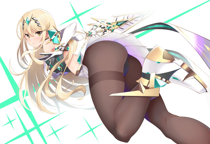 1girl ass bangs bare_shoulders blonde_hair blush breasts daive dress earrings elbow_gloves gloves highres jewelry large_breasts long_hair looking_at_viewer mythra_(xenoblade) pantyhose short_dress solo swept_bangs thighs tiara very_long_hair white_dress white_gloves xenoblade_chronicles_(series) xenoblade_chronicles_2 yellow_eyes