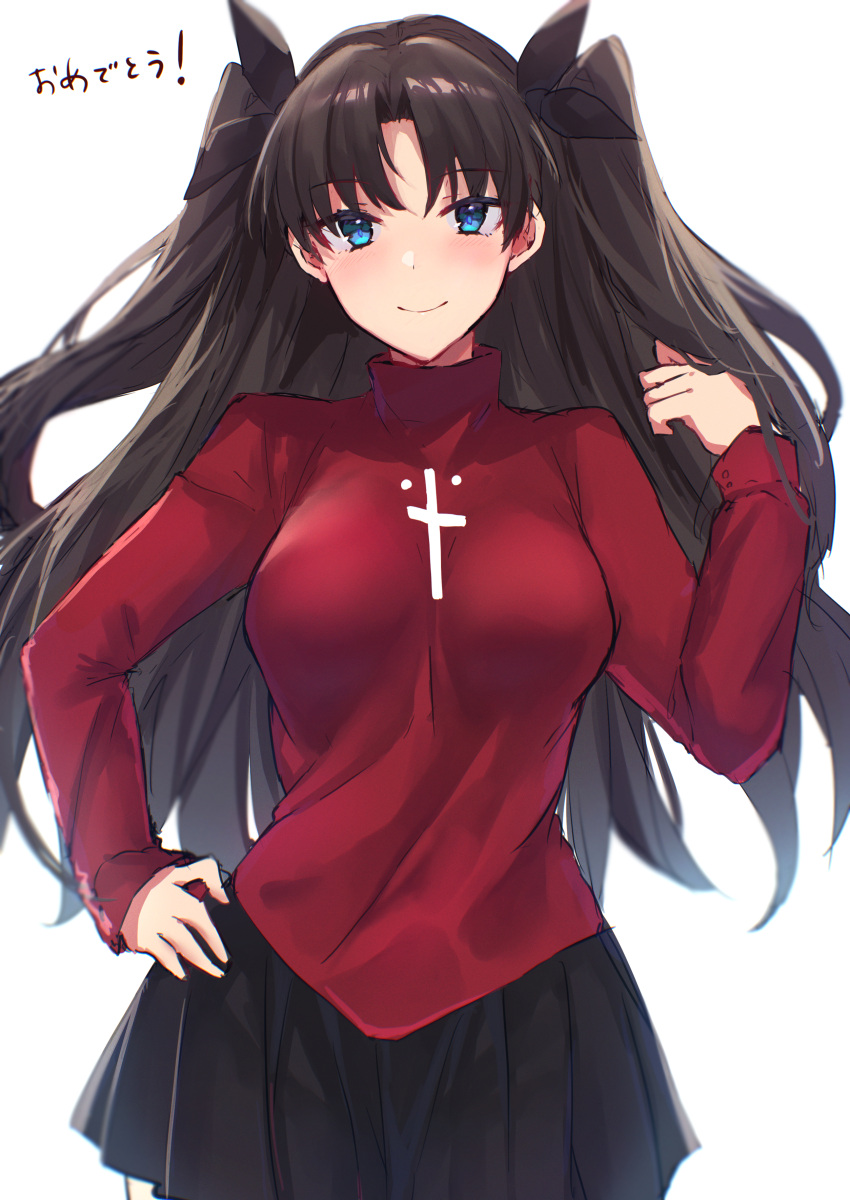 1girl absurdres bangs black_bow black_hair black_skirt blush bow breasts closed_mouth collared_shirt cowboy_shot cross eyebrows_visible_through_hair fate/stay_night fate_(series) hair_bow hand_on_hip hand_up highres hitomin_(ksws7544) long_hair long_sleeves looking_at_viewer medium_breasts parted_bangs red_shirt shirt skirt smile solo standing tohsaka_rin two_side_up violet_eyes white_background