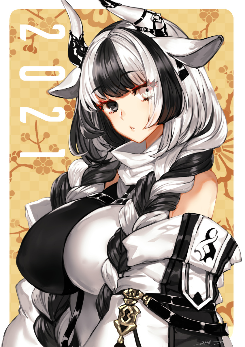 1girl absurdres animal_ears apt bare_shoulders black_hair braid breasts chinese_zodiac cow_ears cow_girl cow_horns detached_sleeves heterochromia highres horns huge_breasts multicolored_hair original solo twin_braids white_hair year_of_the_ox
