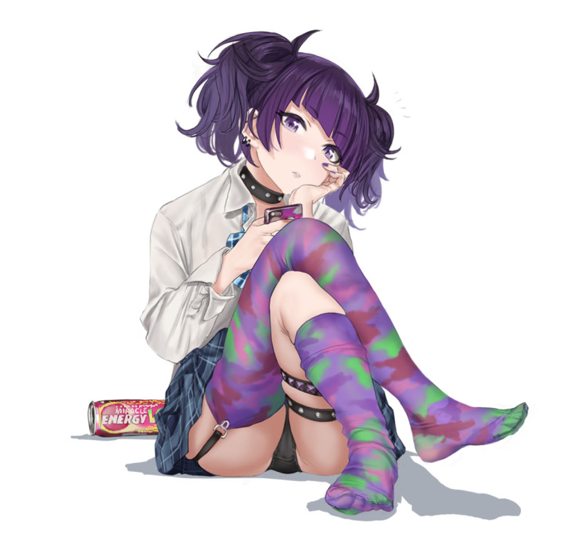 1girl bangs blunt_bangs bow bowtie cellphone choker collared_shirt crossed_legs diagonal_bangs earrings energy_drink eyebrows_visible_through_hair garter_straps hamedoragon hand_on_own_chin holding holding_phone idolmaster idolmaster_shiny_colors jewelry lipstick looking_at_viewer loose_bowtie makeup medium_hair mismatched_legwear multiple_earrings no_shoes panties phone purple_hair purple_lips purple_nails shirt simple_background single_garter_strap sitting skindentation sleeves_rolled_up solo studded_choker tanaka_mamimi thigh-highs thigh_strap twintails underwear upskirt violet_eyes white_background