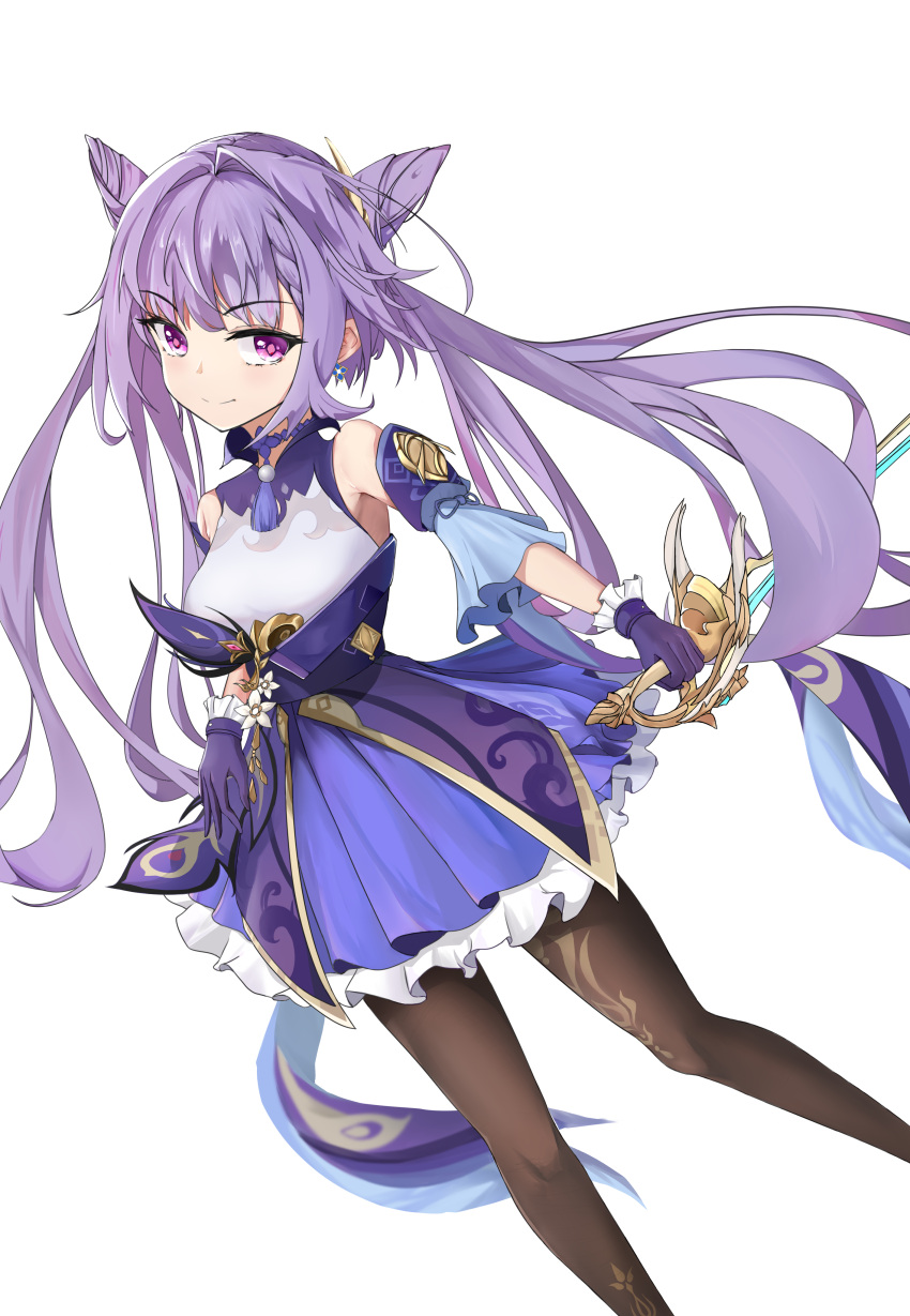 1girl absurdres bare_shoulders blush breasts brown_legwear chinese_clothes closed_mouth double_bun genshin_impact gloves highres holding holding_sword holding_weapon keqing_(genshin_impact) kuyashi large_breasts long_hair looking_at_viewer one_eye_closed pantyhose purple_gloves purple_hair purple_skirt simple_background skirt smile solo sword twintails violet_eyes weapon white_background