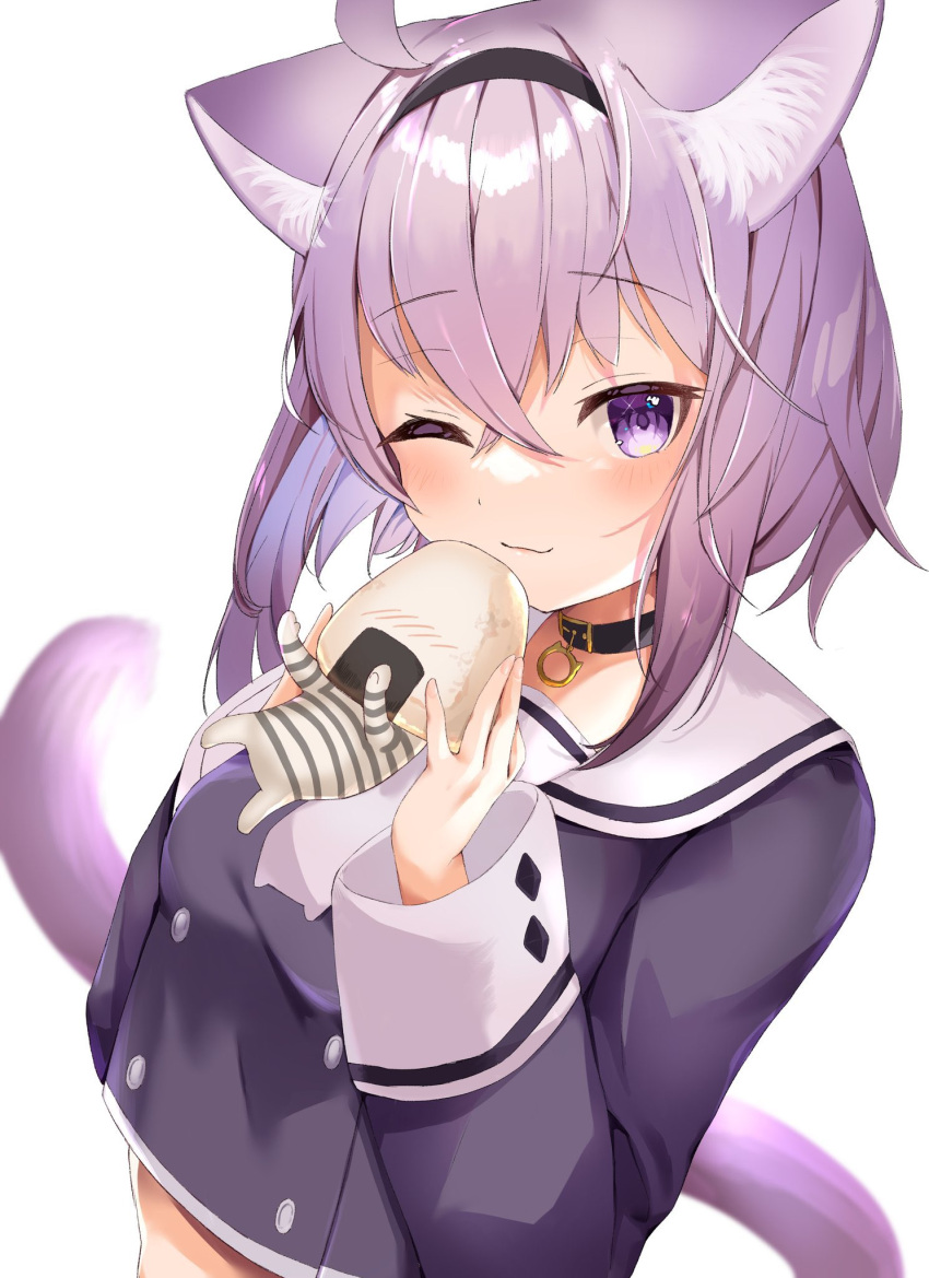 1girl ahoge animal_ears cat_ears cat_tail collar crop_top highres hololive komiojisan midriff nekomata_okayu one_eye_closed onigirya_(nekomata_okayu) purple_hair smile tail violet_eyes virtual_youtuber