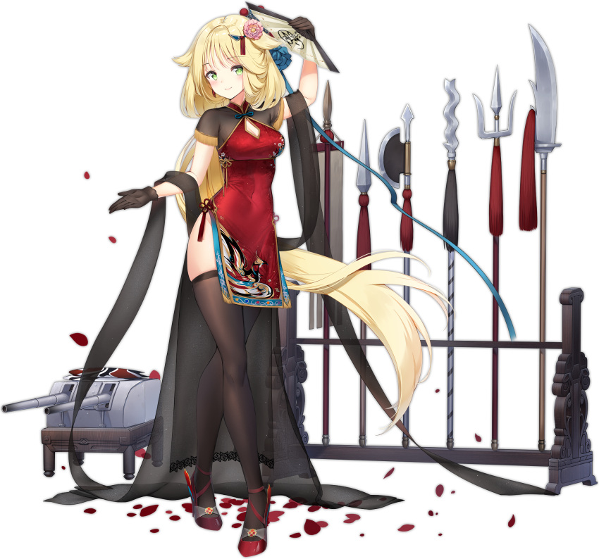 1girl 2020 arm_up aurora_(azur_lane) aurora_(heritage_of_yu_city)_(azur_lane) axe azur_lane black_gloves black_legwear blonde_hair blush breasts cannon china_dress chinese_clothes cleavage_cutout clothing_cutout crossed_legs dress expressions fan flower folding_fan full_body gloves green_eyes guan_dao hair_flaps hair_flower hair_ornament high_heels highres legs long_hair maya_g multiple_weapons official_alternate_costume official_art outstretched_hand petals polearm ponytail red_dress red_footwear red_pepper_earrings shoes smile solo spear tassel thigh-highs thighs transparent_background trident turret very_long_hair watson_cross weapon weapon_rack