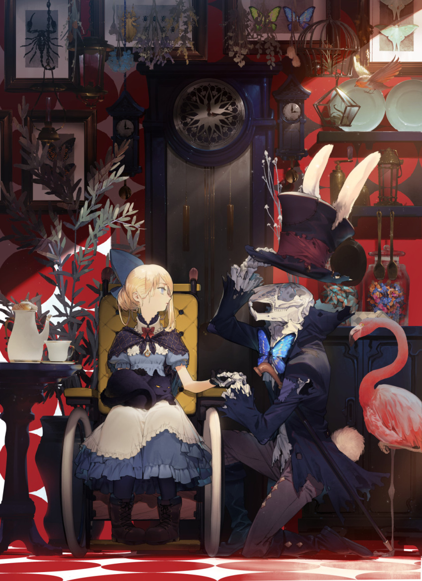 1girl alice_(wonderland) alice_in_wonderland animal_hat animal_skull apron bird birdcage black_cat black_coat black_footwear black_gloves blonde_hair blue_bow blue_butterfly blue_dress blue_eyes boots bow brown_footwear bug butterfly butterfly_bowtie cage cane cat clock closed_mouth coat cup dress gloves grandfather_clock grey_pants hair_bow hand_up hat hat_tip highres holding_hands insect insect_collection one_knee pants pigeon-toed plant plate potted_plant profile puffy_short_sleeves puffy_sleeves ryota-h scorpion shelf shoes short_sleeves sitting skeleton teacup teapot top_hat torn_coat walking_stick wall_clock wheelchair white_apron white_rabbit