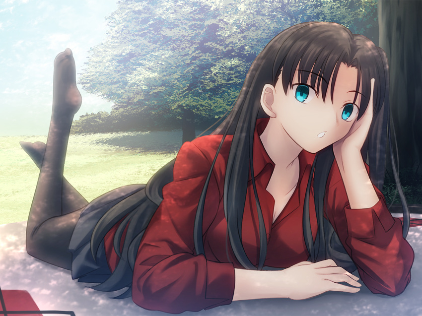 1girl :o arm_support black_skirt blue_eyes brown_hair collared_shirt fate/stay_night fate_(series) grass long_sleeves looking_at_viewer lying migiha no_shoes on_stomach red_shirt shirt skirt solo the_pose thigh-highs tohsaka_rin tree type-moon