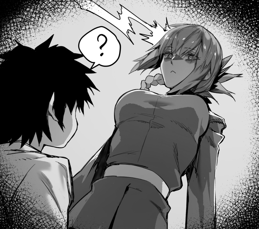 1boy 1girl ? age_regression bangs belt braid breasts fate/grand_order fate_(series) florence_nightingale_(fate) folded_ponytail fujimaru_ritsuka_(male) gloves greyscale highres hxd large_breasts long_hair long_sleeves military_jacket monochrome short_hair spoken_question_mark younger