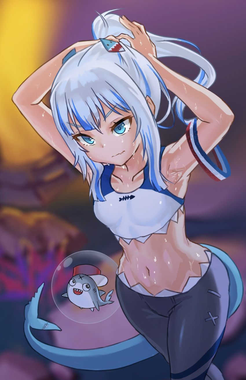 1girl 1other armpits blue_eyes blue_hair blurry_background bubble gawr_gura hairclip hololive hololive_english looking_afar pants ponytail shark shark_tail sports_bra sportswear sweat sweatband sweating tail thighs
