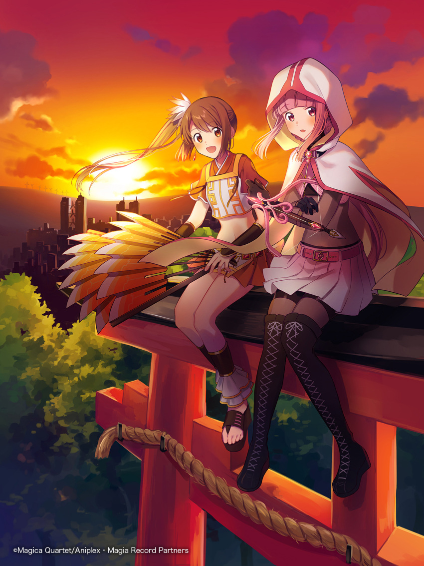 2girls aniplex ankleband bangs belt bike_shorts black_footwear black_gloves blunt_bangs bodystocking boots braid brown_footwear brown_hair building chain_belt city cloak clouds cloudy_sky commentary_request copyright_name cover cover_page crop_top cross-laced_footwear crossbow dark_clouds dot_nose earrings eyebrows_visible_through_hair fan fingernails folding_fan frills fuji_fujino full_body gloves glowing gradient gradient_sky hand_on_own_arm happy highres holding holding_fan hood hood_up horizon jewelry legs_together looking_at_viewer magia_record:_mahou_shoujo_madoka_magica_gaiden mahou_shoujo_madoka_magica midriff multiple_girls navel official_art open_mouth orange_eyes orange_skirt orange_sky outdoors parted_lips pink_belt pink_eyes pink_hair pink_skirt platform_footwear pleated_skirt red_sky rope sandals shoes side-by-side side_ponytail sidelocks sitting skirt sky soul_gem sun sunlight sunset tamaki_iroha thigh-highs thigh_boots torii tree weapon white_cloak wide_sleeves wind_turbine wristband yui_tsuruno