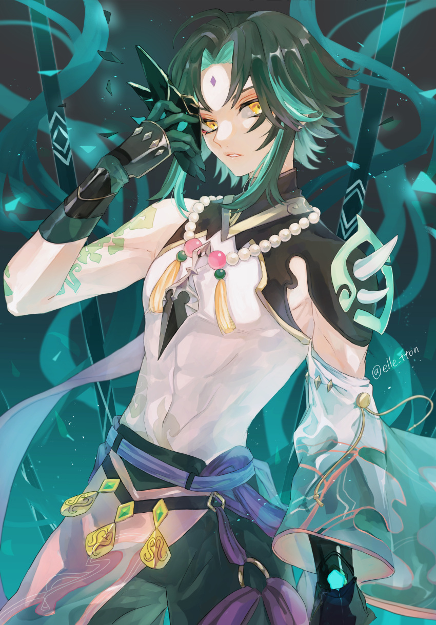 1boy absurdres ahoge arm_tattoo bangs bead_necklace beads black_gloves black_hair detached_sleeves eruto facial_mark forehead_mark genshin_impact gloves green_hair highres holding holding_mask jewelry long_hair looking_at_viewer male_focus mask multicolored_hair necklace open_mouth parted_bangs polearm shoulder_pads sleeveless slit_pupils solo spear spikes tassel tattoo weapon xiao_(genshin_impact) yellow_eyes