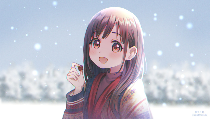 1girl :d bangs blurry blurry_background blush brown_eyes brown_hair clothing_request commentary_request depth_of_field eyebrows_visible_through_hair food hand_up holding holding_food idolmaster idolmaster_shiny_colors long_hair long_sleeves looking_at_viewer open_mouth outdoors red_eyes shiny shiny_hair smile snow snowing solo sonoda_chiyoko soramame_tomu sweater upper_body