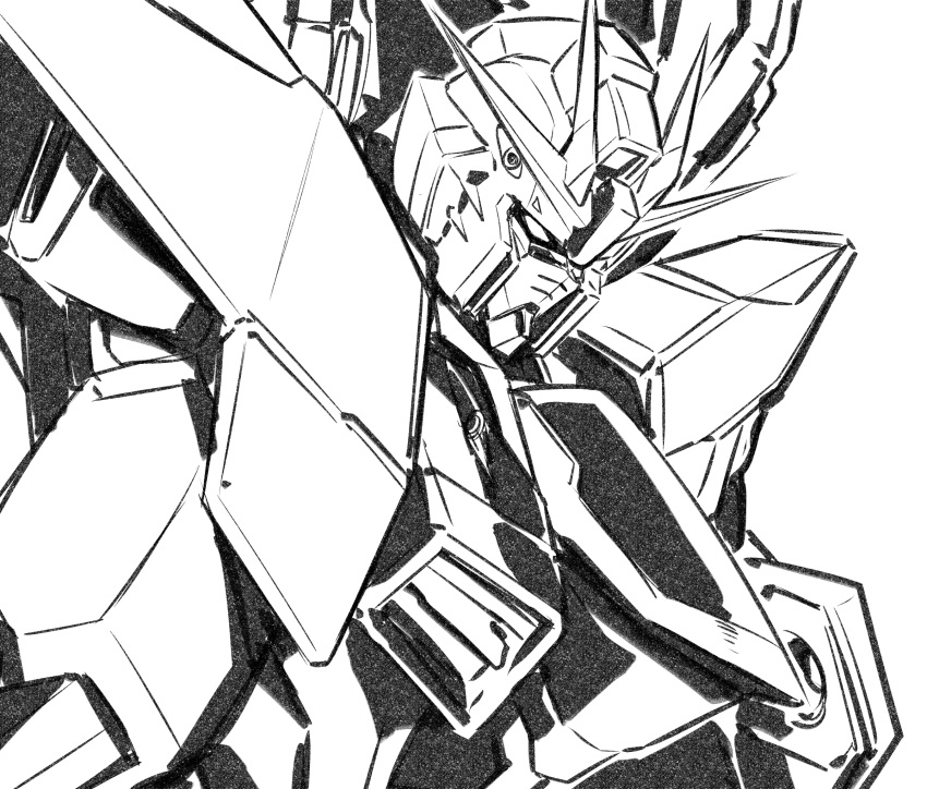 freedom_gundam greyscale gundam gundam_seed highres ishiyumi looking_down mecha mobile_suit monochrome no_humans science_fiction solo upper_body v-fin white_eyes