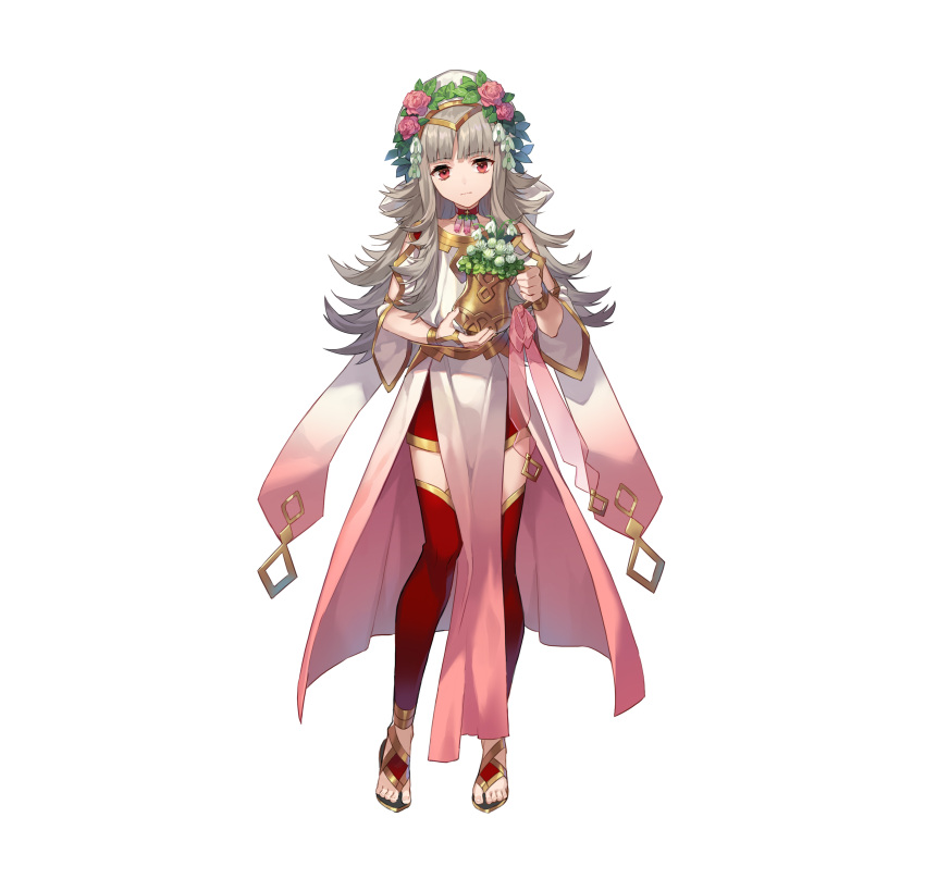 1girl absurdres artist_request bangs choker closed_mouth commentary_request dress expressionless fire_emblem fire_emblem_heroes flower flower_pot full_body gold_trim gradient gradient_clothes grey_hair hair_ornament head_tilt highres holding jewelry long_hair looking_at_viewer official_art pelvic_curtain red_legwear redhead sandals shiny shiny_hair simple_background solo thigh-highs tiara toes veronica_(fire_emblem) white_background wide_sleeves