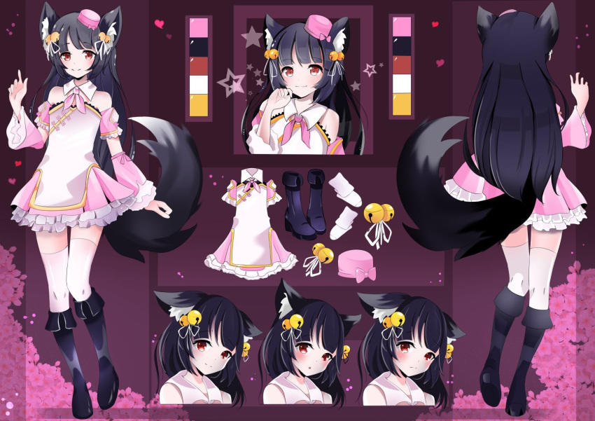 1girl :o amano_kohana animal_ear_fluff animal_ears bangs bare_shoulders bell black_hair blush character_sheet detached_collar detached_sleeves dress english_commentary eyebrows_visible_through_hair hair_bell hair_ornament highres luma_rum multiple_views official_art open_mouth palette pink_dress pointing pointing_up shirayuri_production smile tail thigh-highs virtual_youtuber wolf_ears wolf_girl wolf_tail