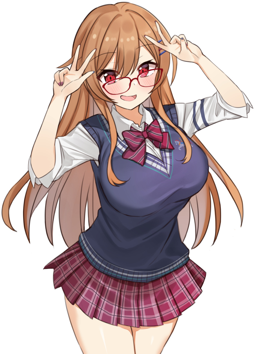 1girl absurdres bangs blue_nails blush bow breasts brown_hair cardigan_vest collared_shirt cowboy_shot double_w dress_shirt eyebrows_visible_through_hair furen_e_lustario glasses hair_between_eyes hair_ornament hairclip highres large_breasts long_hair long_sleeves looking_at_viewer miniskirt multicolored multicolored_nails open_mouth plaid plaid_skirt pleated_skirt red-framed_eyewear red_bow red_eyes red_nails red_skirt shirt simple_background skirt sleeves_folded_up smile solo tyoko_tanuki16 very_long_hair virtual_youtuber w white_background white_shirt