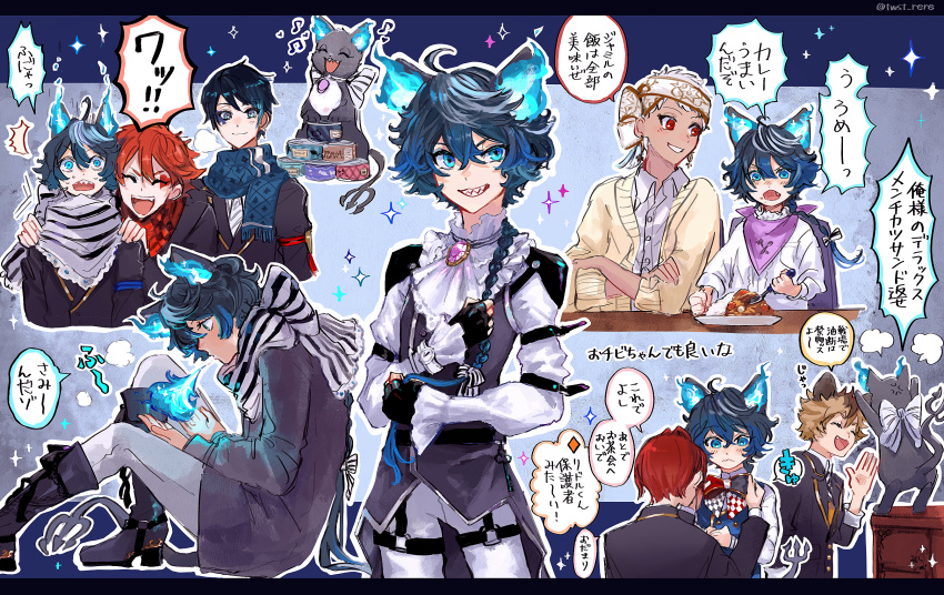6+boys ace_trappola adjusting_neckwear anger_vein angry animal_ears annoyed bangs black_gloves black_hair black_jacket blue_eyes blue_fire blush boots braid breathing_fire breathing_on_hands can canned_food cardigan cat cat_boy cat_ears cat_food choroi_amachori closed_eyes collared_shirt crossed_bangs curry dark_skin dark_skinned_male deuce_spade diagonal_stripes eating fang fiery_ears fingerless_gloves fire food gloves grim_(twisted_wonderland) hair_between_eyes hands_on_another's_shoulders high_heel_boots high_heels highres holding holding_spoon humanization jacket kalim_al-asim knee_boots long_hair long_sleeves looking_at_viewer magic male_focus messy_hair multiple_boys multiple_views necktie night_raven_college_uniform open_mouth redhead riddle_rosehearts ruggie_bucchi scarf shirt short_hair simple_background sitting smile sparkle spoon striped striped_neckwear sweat twisted_wonderland twitter_username very_long_hair watch watch white_hair white_shirt wide-eyed