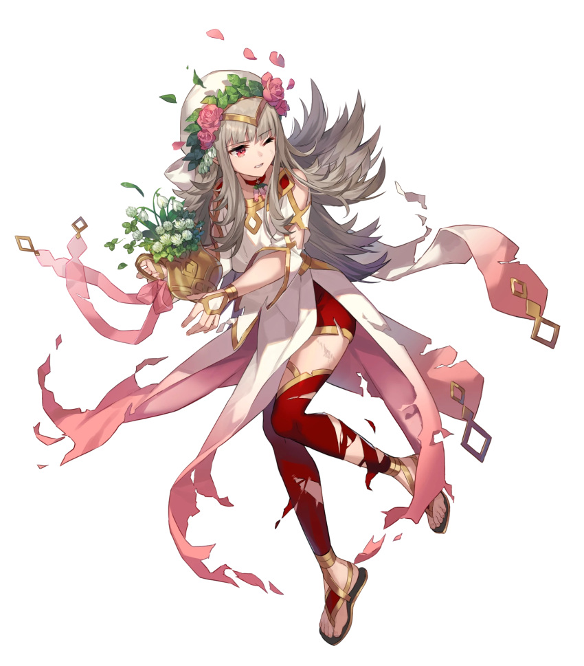 1girl artist_request bangs clenched_teeth fire_emblem fire_emblem_heroes flower_pot full_body gold_trim gradient gradient_clothes grey_hair hair_ornament highres holding jewelry leg_up long_hair looking_away official_art one_eye_closed parted_lips pelvic_curtain petals red_legwear redhead sandals shiny shiny_hair solo teeth thigh-highs tiara toes torn_clothes transparent_background veronica_(fire_emblem) wide_sleeves
