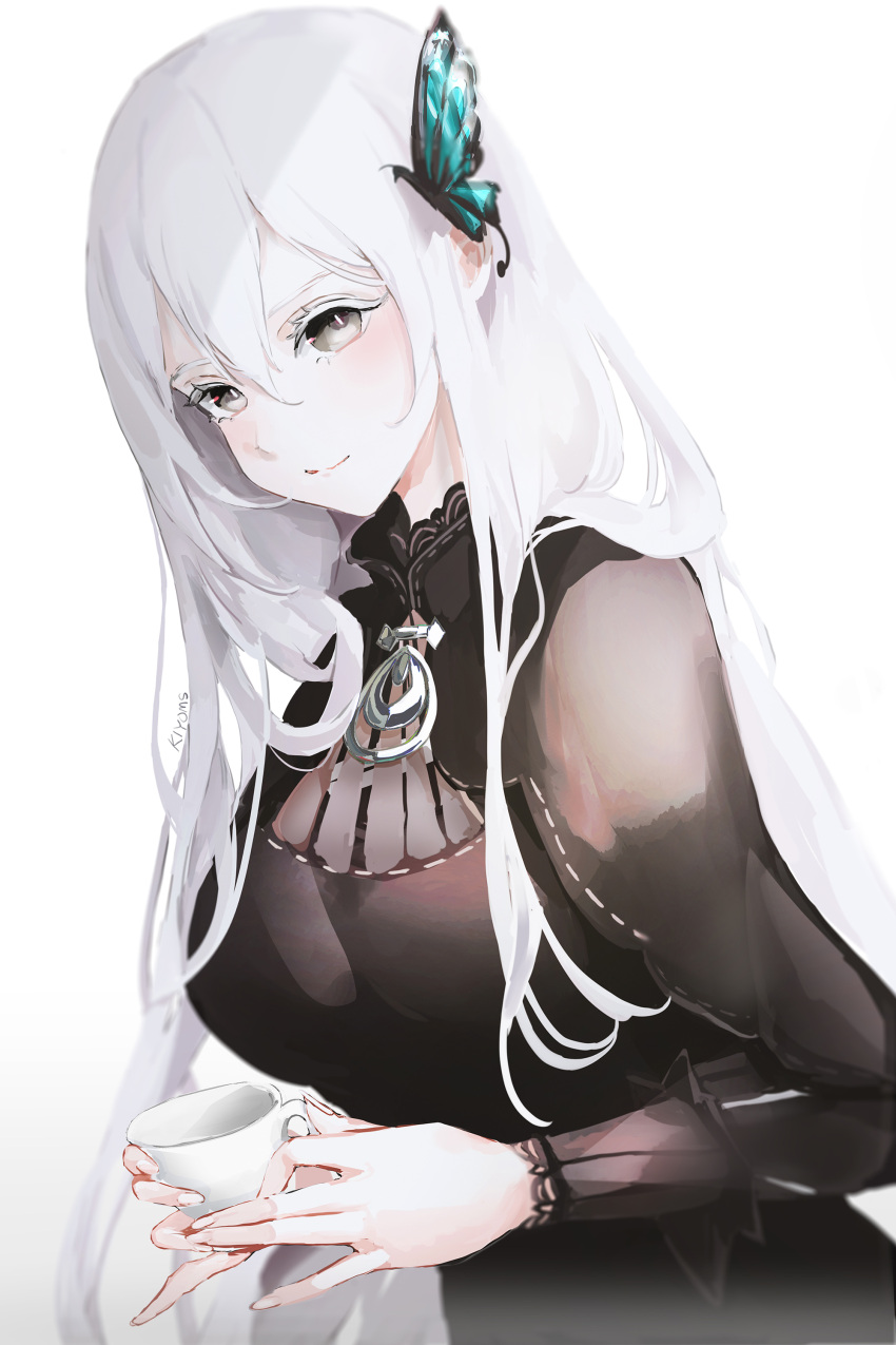 1girl absurdres bangs black_capelet black_dress blush breasts butterfly_hair_ornament capelet closed_mouth cup dress echidna_(re:zero) hair_between_eyes hair_ornament highres large_breasts lielac long_hair long_sleeves looking_at_viewer re:zero_kara_hajimeru_isekai_seikatsu silver_hair simple_background smile solo striped tea teacup vertical-striped_dress vertical_stripes violet_eyes white_background white_eyelashes