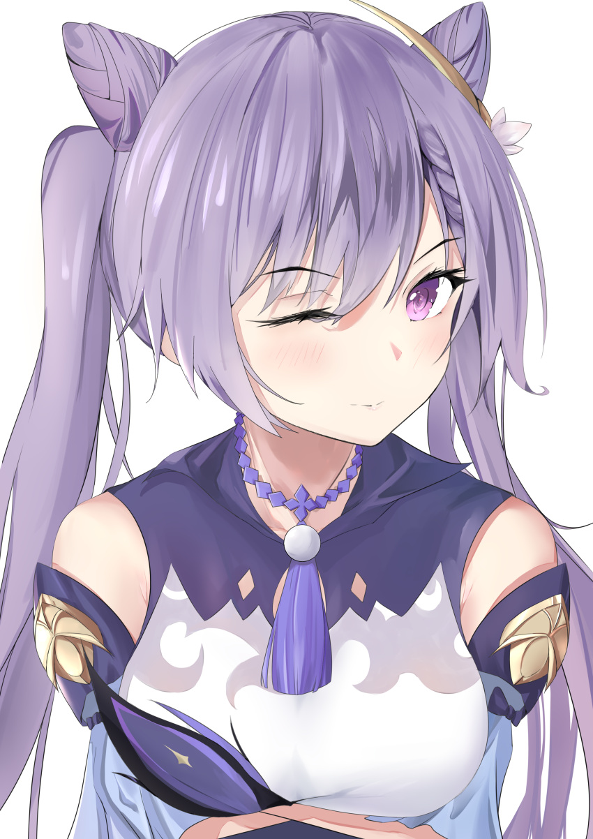 1girl absurdres bare_shoulders blush breasts chinese_clothes closed_mouth double_bun genshin_impact highres keqing_(genshin_impact) kuyashi large_breasts long_hair looking_at_viewer one_eye_closed purple_hair simple_background solo twintails upper_body violet_eyes white_background