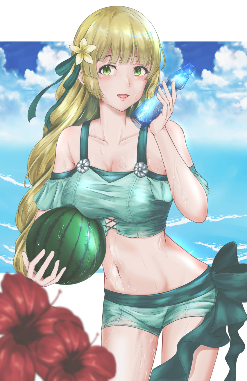 1girl :d absurdres bangs bare_shoulders bikini blonde_hair blue_sky bottle breasts clouds commentary_request cowboy_shot day erune fire_emblem fire_emblem:_three_houses fire_emblem_heroes flower food fruit green_bikini green_eyes green_ribbon green_shorts hair_flower hair_ornament hair_ribbon hand_up hibiscus highres holding holding_bottle holding_food holding_fruit ingrid_brandl_galatea izuminnu long_hair looking_at_viewer medium_breasts navel off-shoulder_bikini off_shoulder open_mouth outdoors partial_commentary red_flower ribbon short_shorts shorts sky smile solo standing stomach swimsuit thighs water watermark