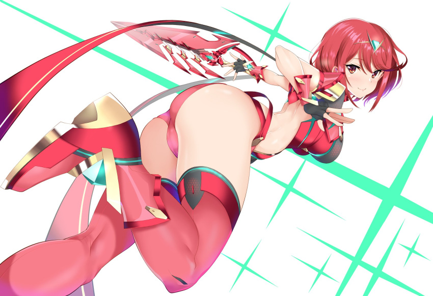 1girl ass bangs bare_shoulders blush breasts daive dress earrings gloves highres jewelry large_breasts looking_at_viewer pyra_(xenoblade) red_eyes red_shorts redhead short_dress short_hair short_shorts shorts solo swept_bangs thighs tiara xenoblade_chronicles_(series) xenoblade_chronicles_2