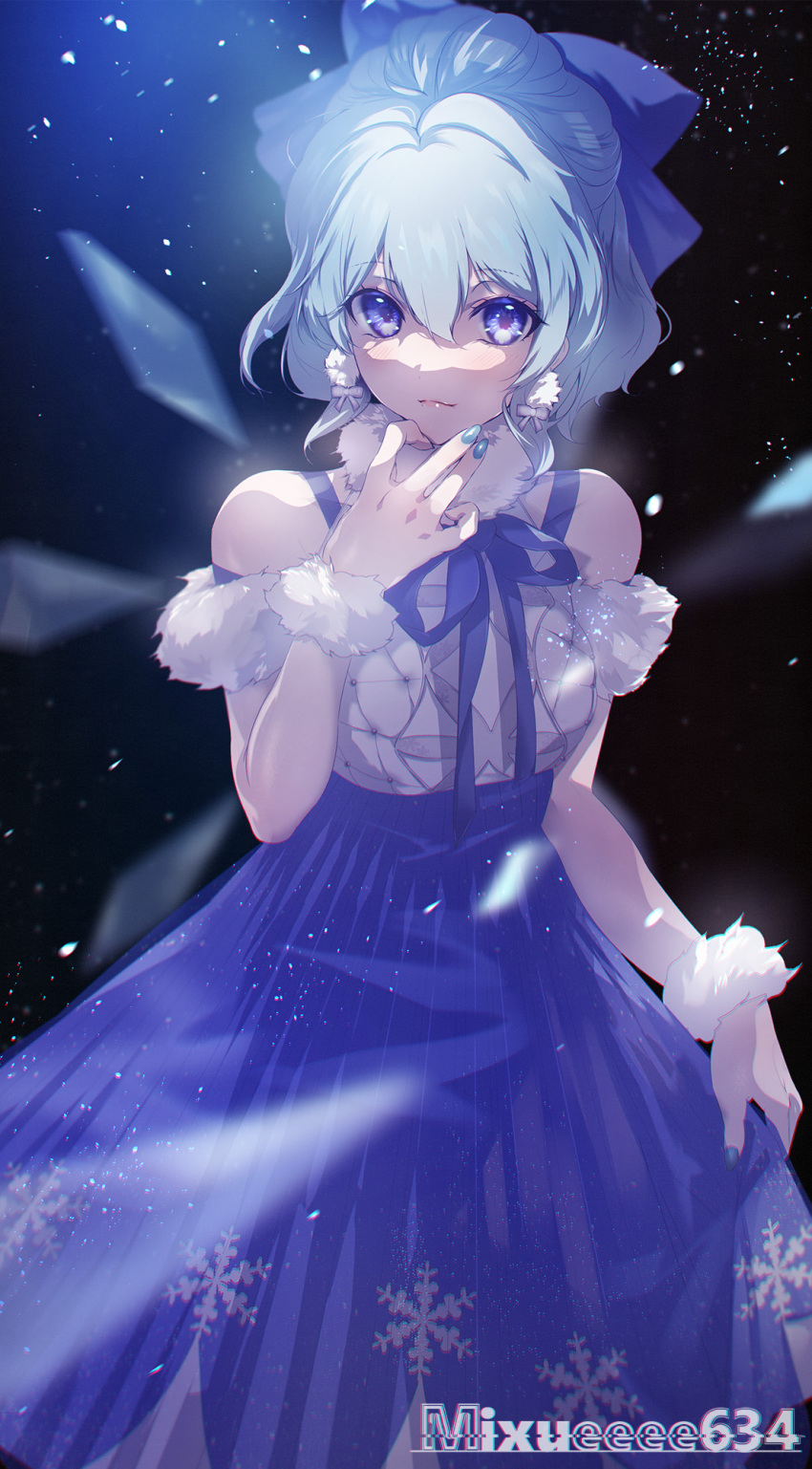 1girl adapted_costume aged_up artist_name black_background blue_bow blue_eyes blue_hair blue_nails blue_ribbon blue_skirt bow cirno closed_mouth commentary_request earrings feet_out_of_frame fur_bracelet fur_trim hair_between_eyes hair_bow hand_up high-waist_skirt highres ice ice_wings jewelry lips long_skirt looking_at_viewer medium_hair nail_polish neck_ribbon ribbon shirt skirt skirt_hold sleeveless sleeveless_shirt smile snowflake_print snowing solo sumi_(u-kar1n-89m0) touhou white_shirt wings