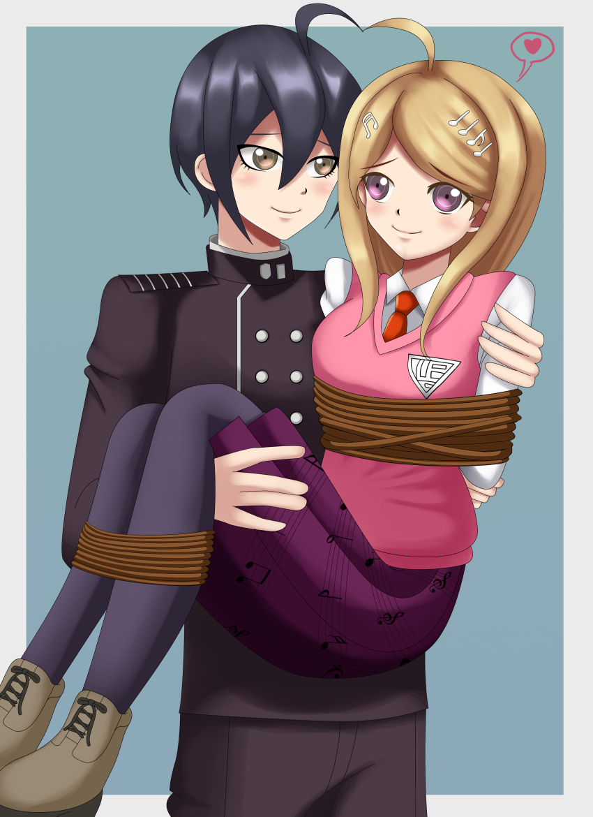 1boy 1girl ahoge akamatsu_kaede arms_behind_back bangs black_hair black_shirt blonde_hair blush bound carrying collared_shirt couple cute dangan_ronpa dangan_ronpa_v3:_killing_harmony deviantart happy musical_note musical_note_hair_ornament necktie pink_eyes rescue restrained rope ropes saihara_shuuichi school_uniform simple_background sincity2100 skirt tied_up vest violet_eyes white_shirt yellow_eyes