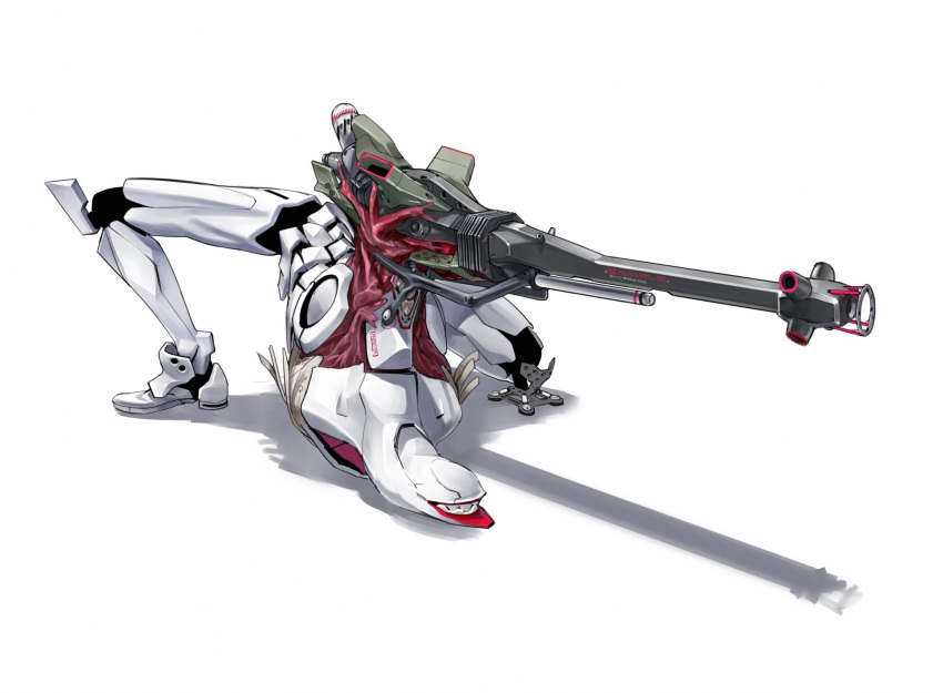 bent_over end_of_evangelion highres mass_production_eva mecha negasw neon_genesis_evangelion no_arms no_eyes no_humans science_fiction shadow smile solo turret white_background