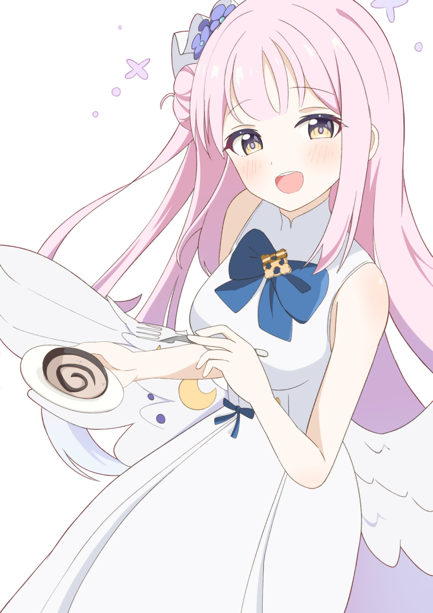 1girl angel_wings bare_shoulders blue_archive blue_bow bow cake crescent dress feathered_wings flower food fork hair_bun hair_flower hair_ornament highres mika_(blue_archive) no_capelet plate side_bun simple_background sleeveless smile solo swiss_roll white_background white_dress wings zundamochi_(sera)