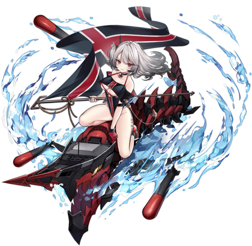 1girl alic_miao azur_lane bangs bare_shoulders black_footwear breasts cross cross_necklace flag gloves grey_hair highres holding holding_flag iron_blood_(emblem) iron_cross jewelry looking_at_viewer machinery medium_breasts mole mole_under_eye necklace official_art one_side_up open_toe_shoes red_eyes red_gloves riding riding_machine rigging single_glove swimsuit tattoo thighs torpedo transparent_background u-410_(azur_lane) under_boob