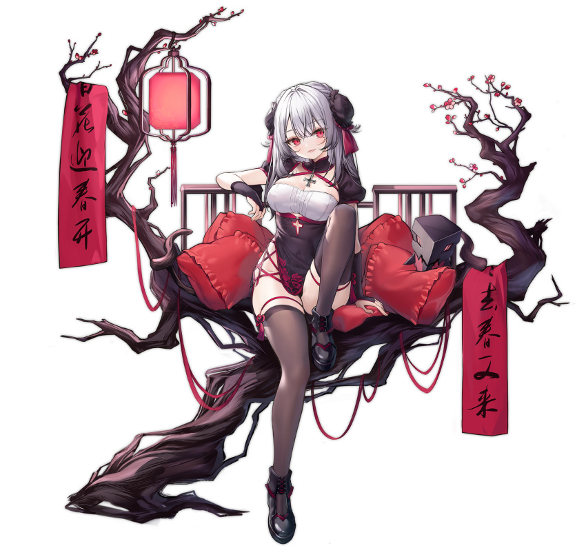 1girl alic_miao azur_lane black_dress black_footwear black_legwear breasts clothing_cutout cross cross_necklace dress flower hair_ornament highres jewelry lantern large_breasts leg_up looking_at_viewer medium_hair necklace official_alternate_costume official_art pillow red_eyes silver_hair sitting_on_branch smile thigh-highs thigh_strap transparent_background tree_branch u-410_(azur_lane) u-410_(spring_festival_scheme)_(azur_lane)