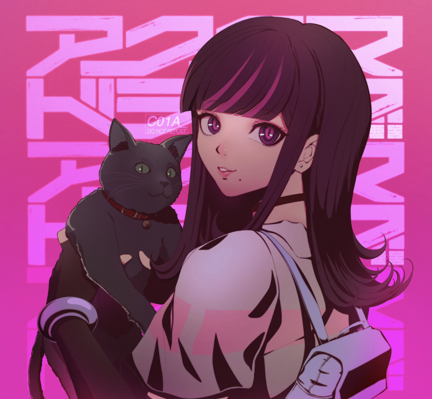 1girl akudama_drive animal animal_collar artist_name backpack bag bangs black_choker black_gloves black_hair blunt_bangs c01a_(cola) cat choker collar commentary earrings elbow_gloves english_commentary eyebrows_visible_through_hair fingerless_gloves from_side gloves highres holding jewelry long_hair looking_at_viewer mole mole_under_mouth multicolored multicolored_eyes parted_lips pink_background pink_eyes pink_hair repost_notice short_sleeves smile solo swindler_(akudama_drive) upper_body violet_eyes