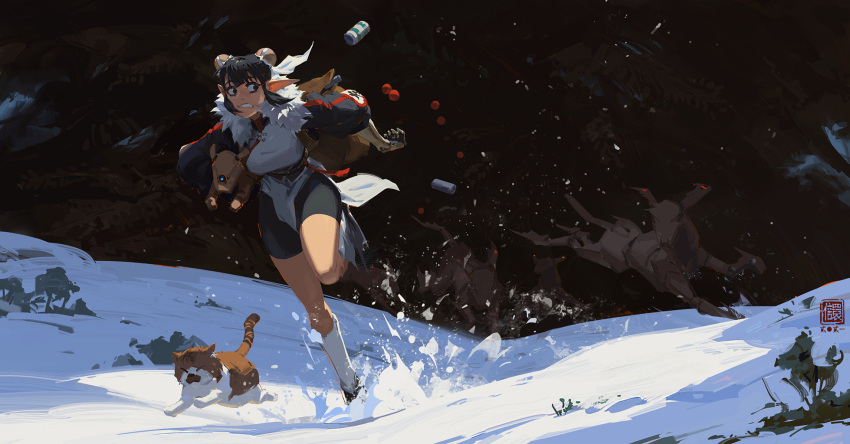 1girl animal backpack bag bike_shorts black_hair black_shorts breasts bun_cover buruma cat china_dress chinese_clothes commentary double_bun dress english_commentary fleeing highres holding holding_animal kan_liu_(666k) long_pointy_ears mechanical_animal mechanical_hand medium_breasts motion_blur multiple_others original pointy_ears prosthesis prosthetic_arm scared short_hair shorts shorts_under_dress snow solo_focus white_dress wolf xiang_xiao-lu