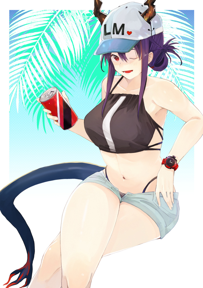 1girl aaoshigatoutoi absurdres arknights bare_legs bare_shoulders baseball_cap bikini black_bikini blonde_hair blue_background blue_shorts blush breasts can ch'en_(arknights) collarbone commentary denim denim_shorts dragon_horns dragon_tail drink female_tourist_c_(arknights) gradient gradient_background hair_between_eyes hair_bun hat highres holding holding_drink horns large_breasts looking_at_viewer medium_hair midriff multicolored_hair navel one_eye_closed open_fly open_mouth palm_tree purple_hair redhead short_shorts shorts sitting sleeveless smile soda_can solo streaked_hair swimsuit tail thighs tree watch watch white_headwear
