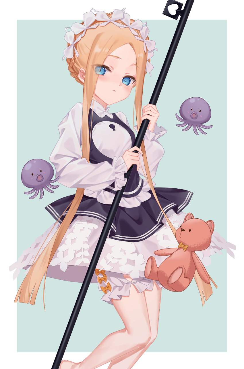 1girl abigail_williams_(fate) absurdres bangs black_skirt blonde_hair blue_eyes blush breasts dress fate/grand_order fate_(series) forehead heroic_spirit_festival_outfit highres littleamber long_hair long_sleeves looking_at_viewer maid octopus parted_bangs sidelocks skirt small_breasts stuffed_animal stuffed_toy teddy_bear white_dress