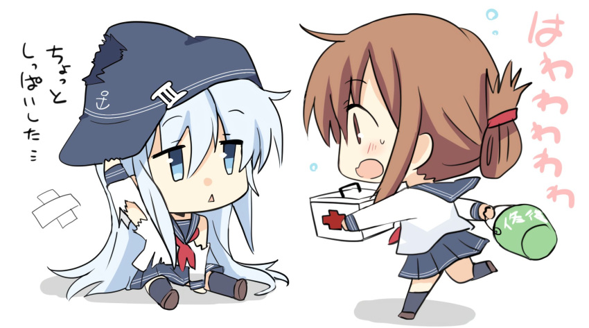 2girls anchor_symbol black_headwear black_legwear black_sailor_collar black_skirt blue_eyes blush brown_footwear brown_hair bucket eyebrows_visible_through_hair first_aid_kit flat_cap folded_ponytail hair_between_eyes hat hibiki_(kantai_collection) highres hizuki_yayoi holding holding_bucket inazuma_(kantai_collection) kantai_collection long_hair long_sleeves multiple_girls neckerchief open_mouth pleated_skirt red_neckwear repair_bucket sailor_collar school_uniform serafuku shadow shoes silver_hair simple_background skirt thigh-highs torn_clothes translation_request triangle_mouth white_background