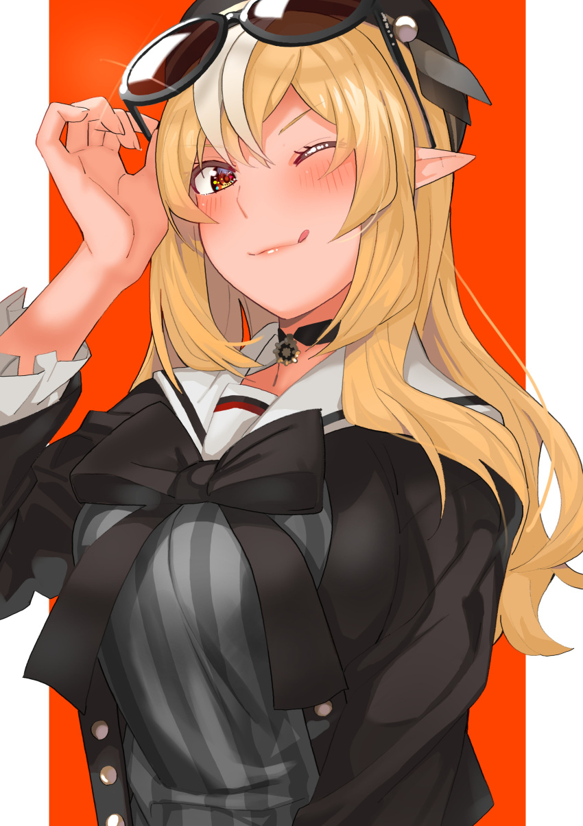 1girl :q absurdres black_choker black_shirt blonde_hair choker dark_elf dark_skin dark-skinned_female elf eyewear_on_head highres hololive long_hair long_sleeves looking_at_viewer multicolored_hair one_eye_closed pointy_ears red_eyes sailor_collar sailor_shirt shiranui_flare shirt smile solo streaked_hair sunglasses tonarikeru tongue tongue_out upper_body virtual_youtuber white_hair white_sailor_collar