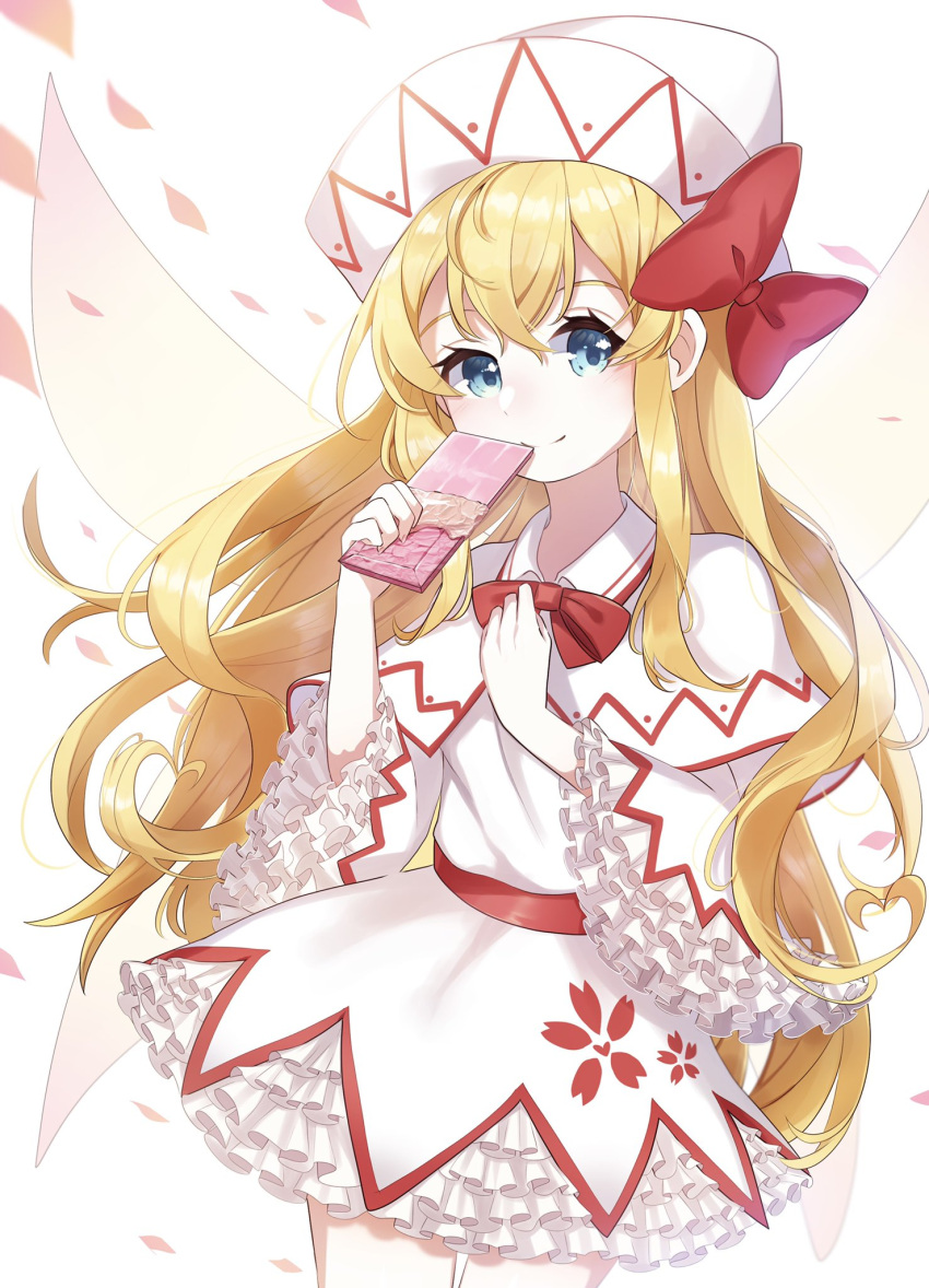1girl ametama_(runarunaruta5656) blonde_hair blue_eyes bow bowtie candy capelet chocolate chocolate_bar closed_mouth cowboy_shot dress eyelashes fairy fairy_wings food frilled_dress frilled_sleeves frills hat highres holding holding_food lily_white long_hair long_sleeves looking_at_viewer petals puffy_dress red_neckwear short_dress smile solo touhou very_long_hair white_capelet white_dress white_headwear wide_sleeves wings